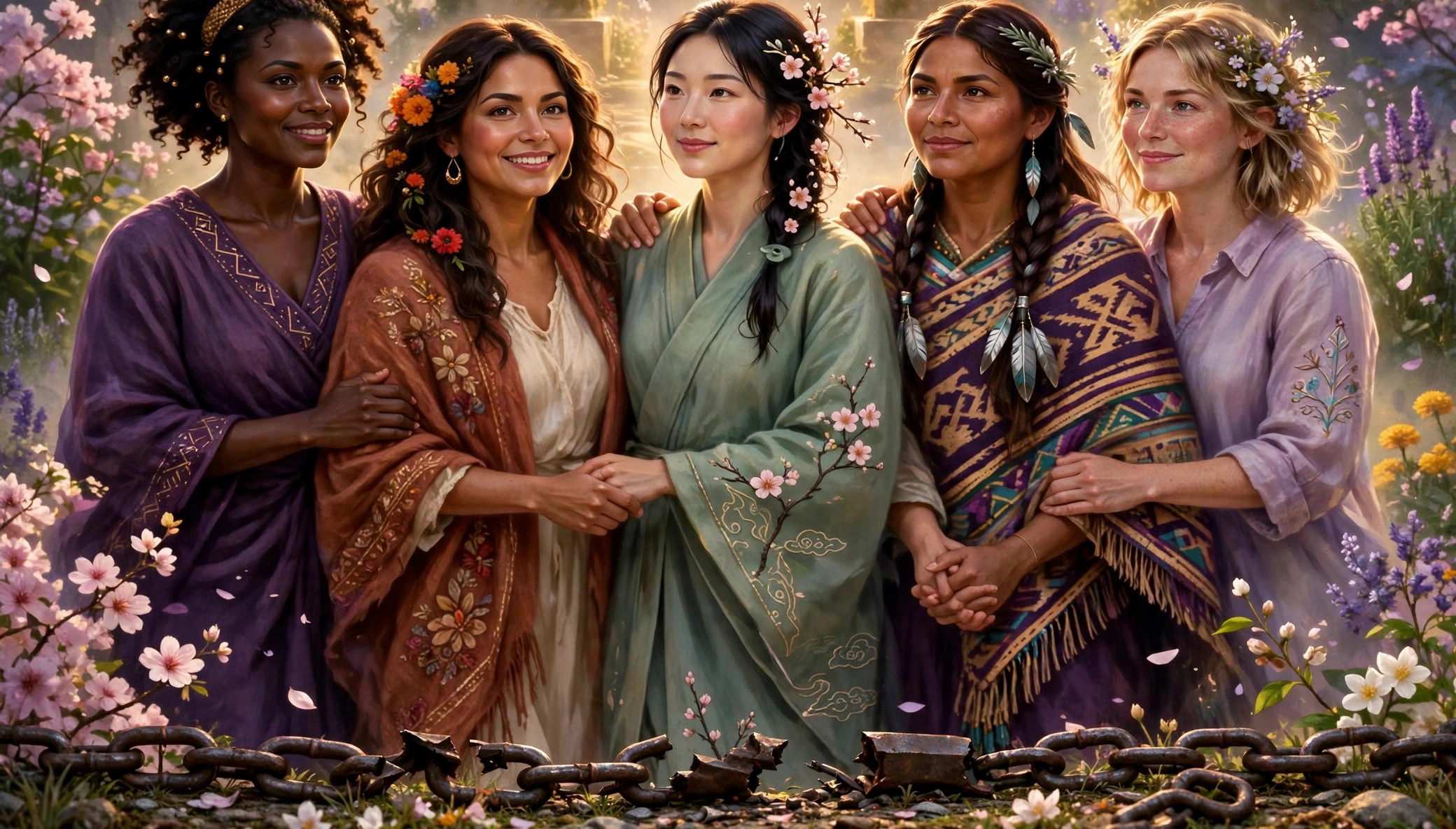 Five women standing together in a sunlit garden, a heavy chain broken and lying open on the ground at their feet