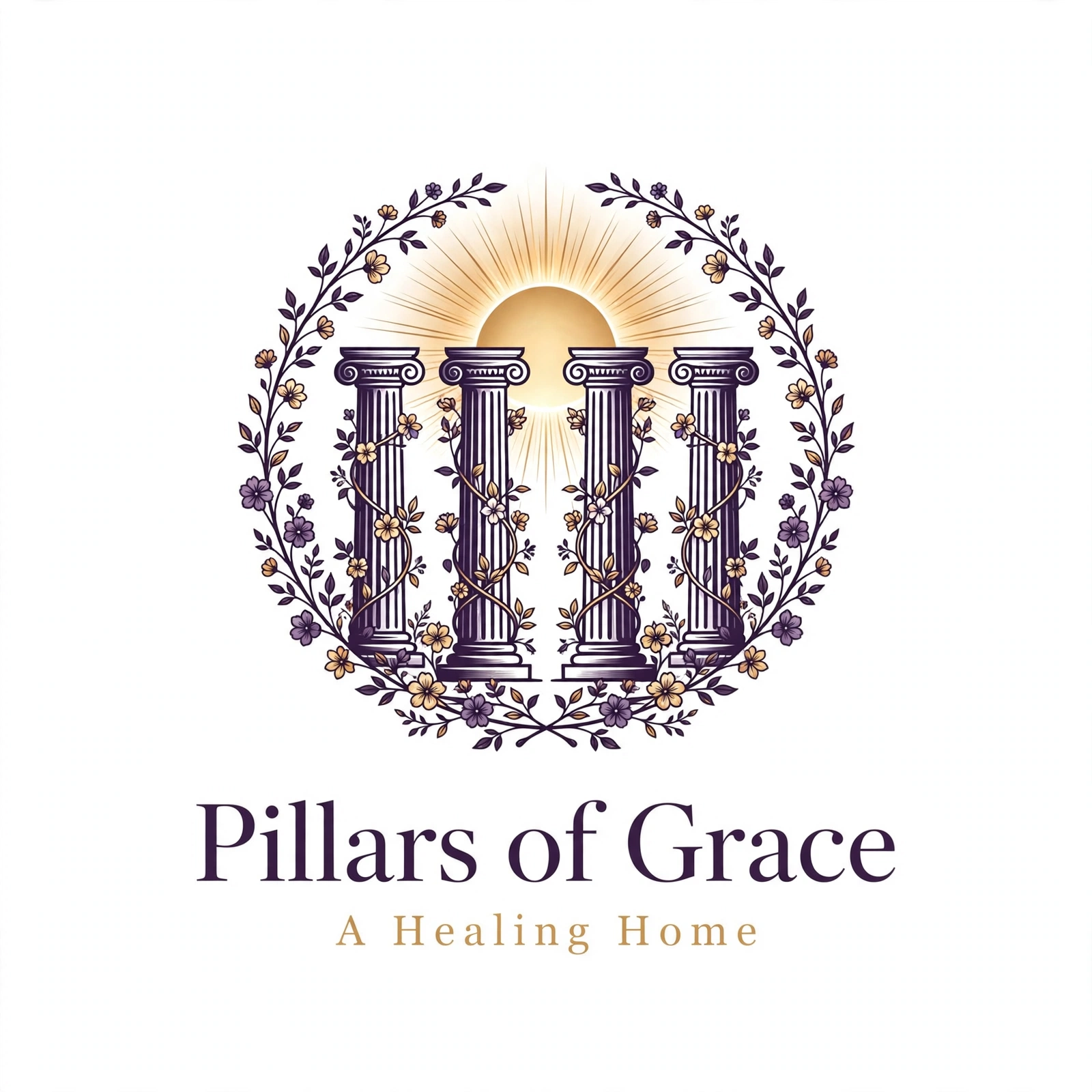 Pillars of Grace — A Healing Home logo: four pillars inside a floral wreath beneath a rising sun